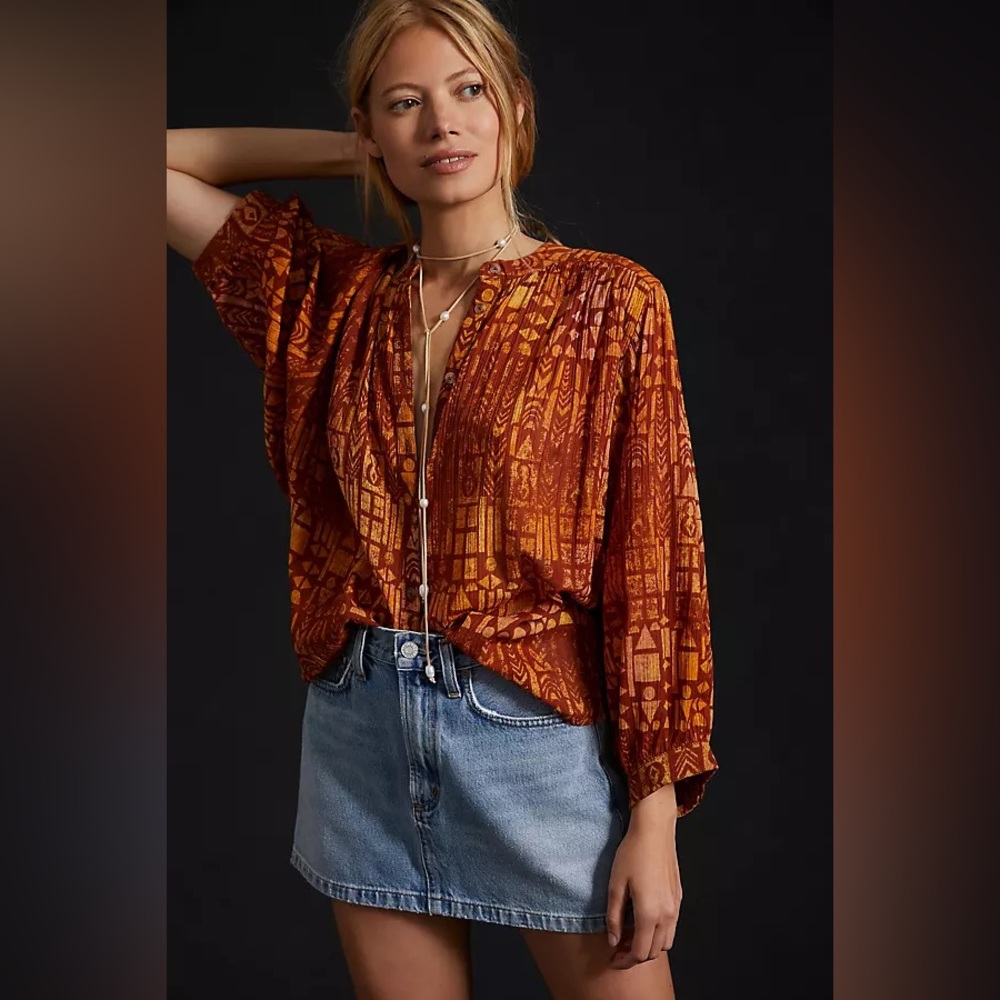 Pilcro Anthropologie XS Petite batwing blouse geometric print Button Front
